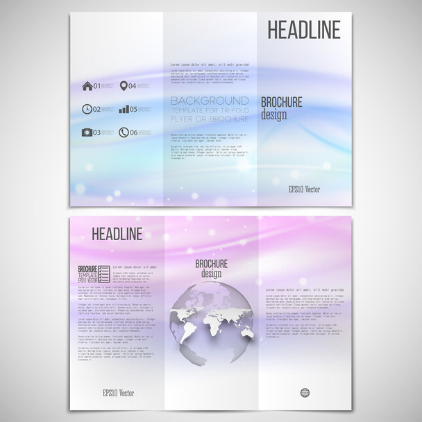 Vector set of tri-fold brochure design template on both sides with world globe element. Abstract blue wave, light style background - Вектор,изображение