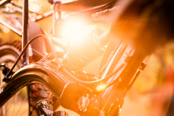 Ayrıntılar, zincir ve vites mekanizması ile bir Bisiklet arka tekerleği yakın, sabah güneş ışığında. - Fotoğraf, Görsel