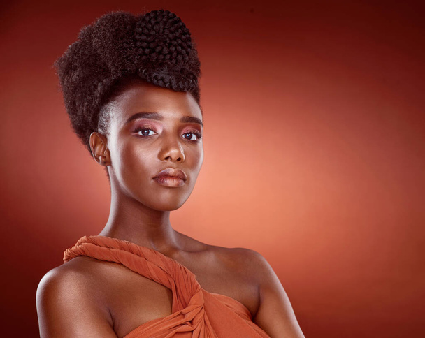 Portrait, haircare and African woman with texture, confidence and mockup for braids, creative and culture. Background, elegant and self care of hair, salon and makeup with shine, health and studio. - Photo, Image