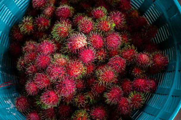 Selective focus, lots of red rambutans in a blue basket Fresh rambutans from farmers' gardens in the northern region of Thailand. Fruit that has a sweet, crisp, refreshing taste. - Photo, Image