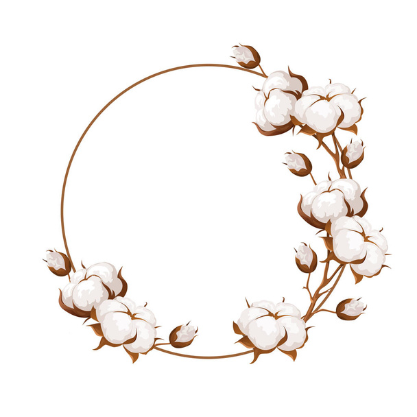 Wreath of fluffy dried cotton flowers isolated on white background. - Vector, Image