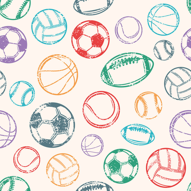 Sports Balls, Grunge Background, Seamless Pattern - Vector, Image