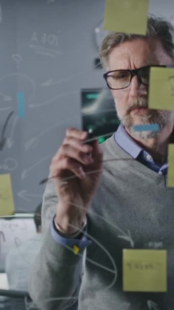 成熟した投資銀行家はブローカー代理店のオフィスで粘着性のあるノートでガラスの壁に描画します。ビジネスマンは会社のビジネス戦略を開発し、分析する。同僚は、リアルタイム株式を持つコンピュータ上で動作します. - 映像、動画