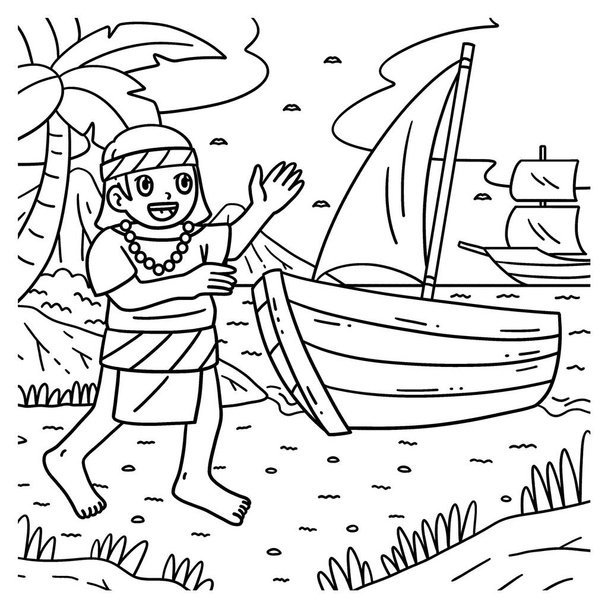 Columbus Günü Yerli Adam ve Teknesi 'nin sevimli ve komik renkli bir sayfası. Çocuklar için saatlerce boyama eğlencesi sağlıyor. Renklendirmek için, bu sayfa çok kolaydır. Küçük çocuklar ve yeni yürümeye başlayanlar için uygun.. - Vektör, Görsel