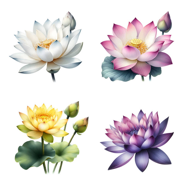 Acquerello botanico stile pittura di fiori di loto in vari colori, Illustrazione vettoriale - Vettoriali, immagini