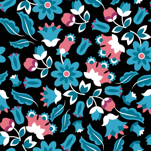 Helles ethnisches Muster mexikanischer ethnischer Blumen auf schwarzem Hintergrund - Vektor, Bild