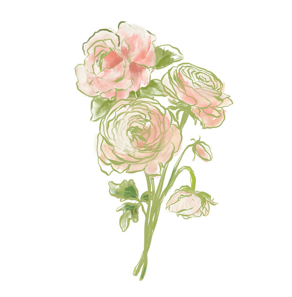 Oil painting abstract bouquet of rose and ranunculus. Hand painted floral composition isolated on white background. Holiday Illustration for design, print, fabric or background - Photo, Image