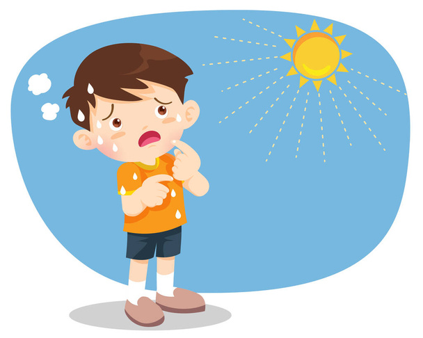 αγόρι διψασμένο από τη ζέστη του καλοκαιρινού ήλιου.αγόρι αισθάνεται τόσο διψασμένο λόγω του ζεστού καιρού - Διάνυσμα, εικόνα