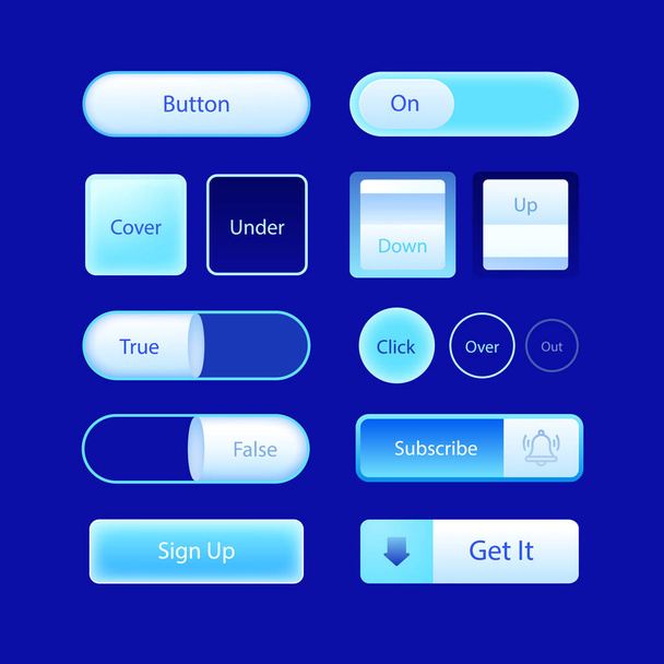 Ассортимент сине-белых кнопок на электрическом синем фоне. Используется для мобильного устройства или устройства связи. Включение технологии и мультимедиа со шрифтом сотовой сети - Вектор,изображение