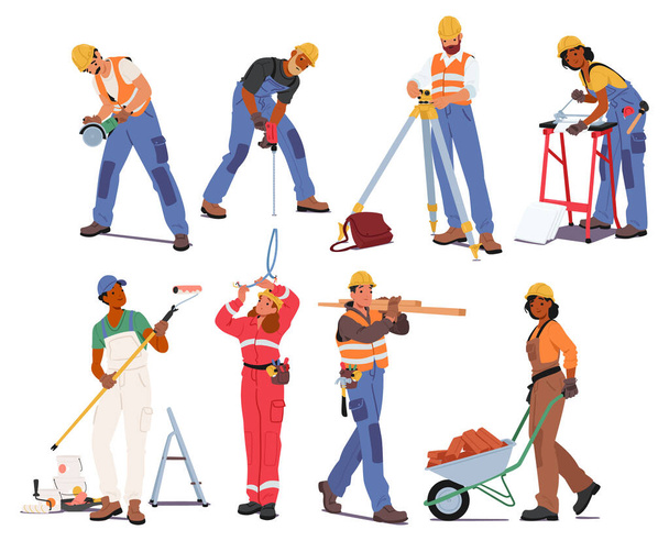 Různorodý tým stavebních dělníků v barevných uniformách a pevných čepicích používají různé nástroje a zařízení. Spolupráce a budování obchodních profesí, včetně průzkumu, malování a zedničení - Vektor, obrázek
