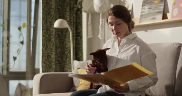 Вид збоку дорослої жінки в режимі реального часу читає документ і дивиться геть, сидячи на дивані у вітальні і годуючи собаку під час роботи з дому - Кадри, відео