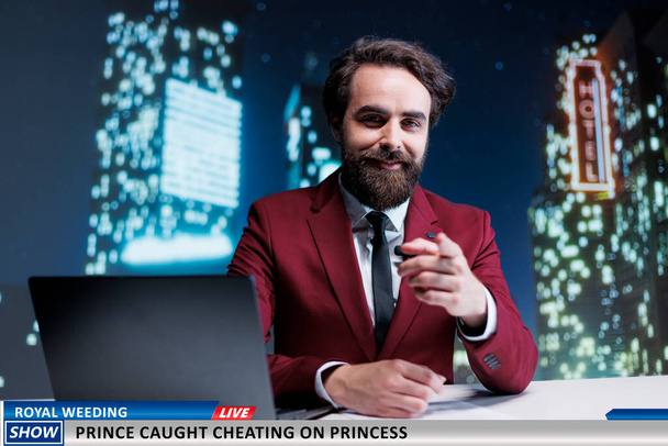 Night show host talks about royal conflict involving adultery, famous member of monarchy caught cheating. Media newscaster revealing information about prince and princess before wedding. - Photo, Image