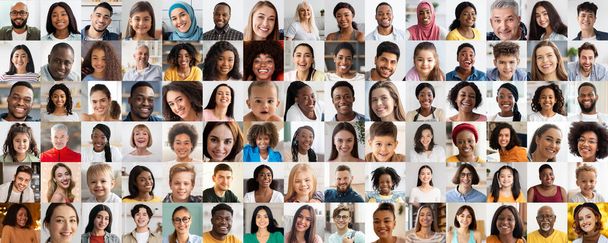 Ten imponujący kolaż portretowy pokazuje różnorodność z szeregiem twarzy ludzi, idealny do prezentacji globalnej społeczności ludzi - Zdjęcie, obraz