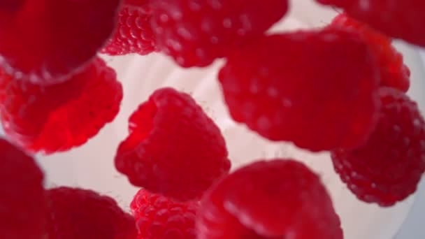 Super Slow Motion Shot of Fresh Raspberries Seguido por Camera Falling into Yogurt a 1000fps. Filmado con cámara de cine de alta velocidad, 4K. - Imágenes, Vídeo