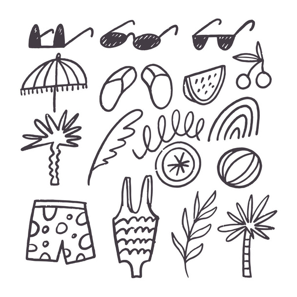 Une collection d'icônes estivales dessinées à la main avec fond blanc, organismes vertébrés, gestes, polices, doigts, motifs, illustrations, dessins et art linéaire - Vecteur, image