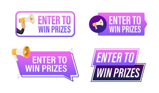 Enter to win prizes text with Megaphone label set. Megaphone in hand promotion banner. Marketing and advertising. - Vector, Image