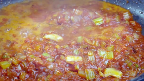 Imágenes de cerca de una clásica salsa italiana de pasta de tomate para espaguetis con cebollas blancas, ajo, tallos de apio, etc. hirviendo en un video en cámara lenta pan.4k caliente, 100fps - Imágenes, Vídeo