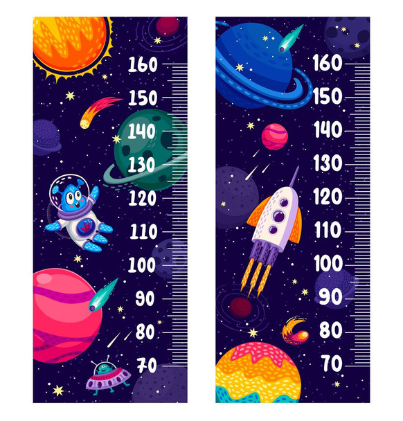 Tableau de mesure de la hauteur des enfants avec planètes spatiales et fusées galactiques, règle vectorielle de dessin animé. Tableau de mesure de la croissance des bébés avec un astronaute martien drôle, un ovni extraterrestre ou des fusées spatiales sur fond de galaxie - Vecteur, image