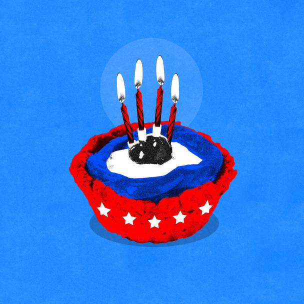 Cartaz. Colagem de arte contemporânea. cupcake festivo decorado para feriado americano contra fundo azul. Efeito de tecido granulado. Conceito de Dia da Independência dos EUA, celebração de 4 de julho, patriota. - Foto, Imagem