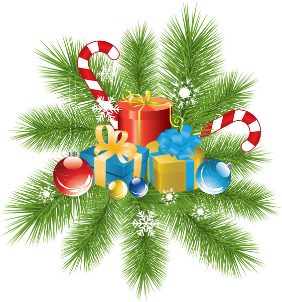 Szőrme fa ága, karácsonyi dekoráció és ajándékok - Vektor, kép