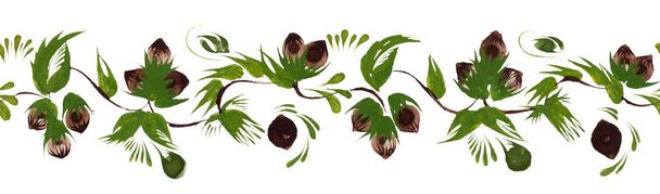 Patrón de borde sin costura floral de ramitas de avellana dibujadas a mano, hojas y nueces aisladas sobre un fondo blanco - Foto, imagen