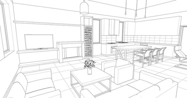 dům architektonický projekt skica 3d ilustrace - Vektor, obrázek