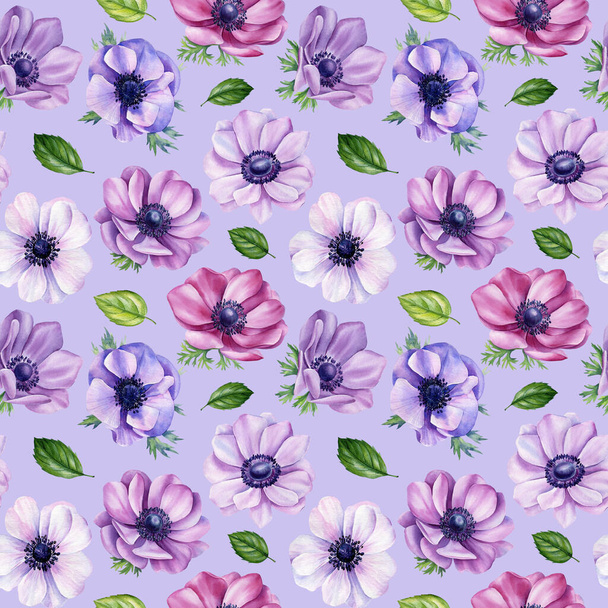 Anemoon Aquarel bloemen. Naadloos patroon van bloemen met blad achtergrond sjabloon. Modern naadloos patroon. Hoge kwaliteit illustratie - Foto, afbeelding