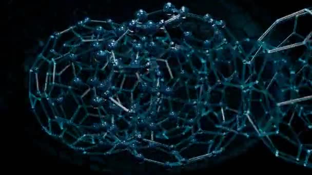 Looping, abstrakti 3d animaatio pallomaisia molekyylejä, atomeja, jotka pyörivät ja kasvavat ytimiä, elementtejä. Grafeenimolekyyli, nanoteknologian synteesi ja luominen. - Materiaali, video