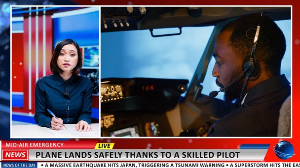 Mediapresentator praat over piloot held het redden van toeristen op commerciële vlucht door het landen van een vliegtuig veilig. Aziatische media journalist werkt aan dagelijkse krantenkoppen transmissie, tv-reclame. - Foto, afbeelding
