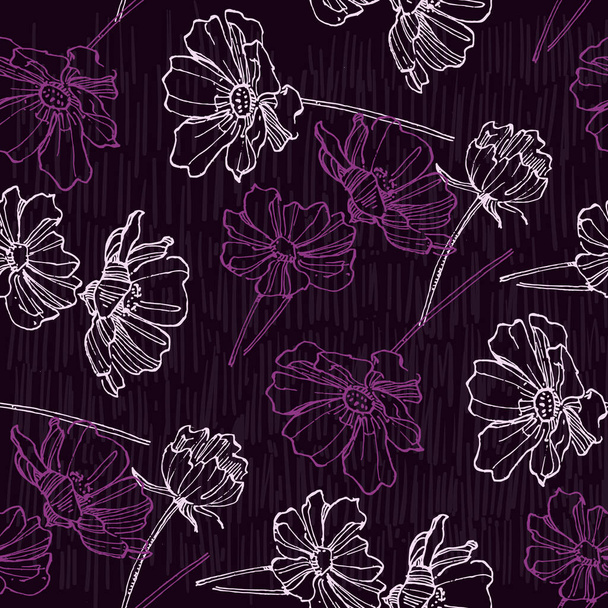 Arka planı kusursuz çiçek deseni. Güzel Cosmea çiçekleri arka planı. Soyut sanat tekstil çiçek tasarımının vektör çizimi. - Vektör, Görsel