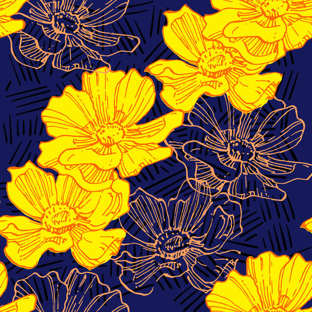 Modello senza cuciture di fiori con sfondo. Bellissimo sfondo fiori Cosmea. Illustrazione vettoriale di arte astratta strutturata disegno fiore tessile. - Vettoriali, immagini