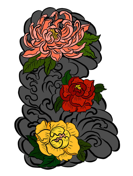 Flor de lótus e vetor de respingo de água para fundo de tatuagem. Ilustração floral japonesa tradicional para arte de doodle e livro de colorir em fundo isolado branco. Onda chinesa e flor de peônia. - Vetor, Imagem