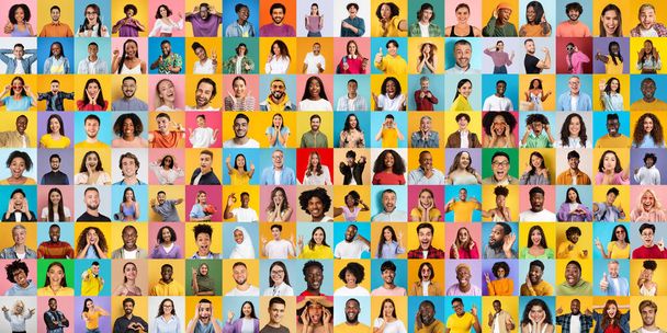 Tämä dynaaminen monirotuinen ja monikansallinen kokoelma esittelee onnellisten kansainvälisten ihmisten kasvoja värikkäitä taustoja vasten. - Valokuva, kuva