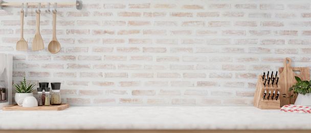 Ein Schauraum auf einer weißen Küchentischplatte zeigt Küchenutensilien gegen die Ziegelwand einer minimalistischen Bauernküche. Nahaufnahme. 3D-Renderer, 3D-Illustration - Foto, Bild