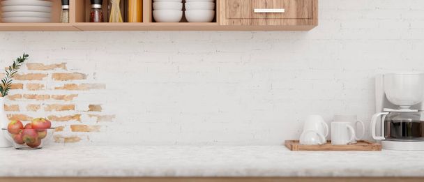 Дисплей на кухонном столе оснащен кофеваркой, кружевным лотком и деревянным шкафом против минимальной деревенской стены из белого кирпича. крупным планом. 3D рендеринг, 3D иллюстрация - Фото, изображение