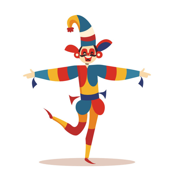 楽しく踊るカラフルなジンジャー. ジェスターのコスチュームストライプは,脚を柔軟にする面白い帽子を鐘を鳴らします. 漫画 中世のお祭り マスカーレード ユーモラスなパフォーマー - ベクター画像