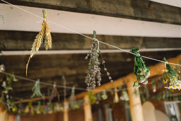 Bunches of herbs and flowers are suspended from a string, drying naturally in an indoor space with rustic charm. - Photo, Image