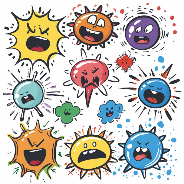 Varios coloridos gérmenes de bacterias de dibujos animados virus personajes que expresan diversas emociones, estilo dibujado a mano. Brillante vívidos microbios juguetones patógenos dibujos animados doodle diseño, concepto de tema de microbiología - Vector, imagen