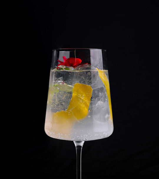 Gin raffiné et tonique dans un grand verre, accompagné d'une bouteille, garni d'agrumes et d'une fleur rouge - Photo, image