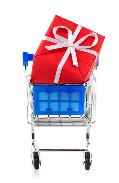 Cart with red gift box - 写真・画像