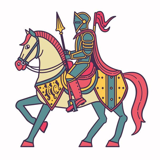 Caballero medieval armadura lanza batalla lista. Vibrante ilustración vectorial de colores caballero armadura completa montar caballo decorado, caballo adornado amarillo, rojo, traje verde recreación histórica - Vector, imagen