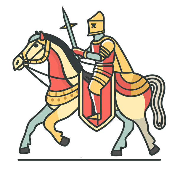 Středověký rytíř na koni, kopiník, připravený turnaj. Obrněný válečnický kůň, středověká rekonstrukce ilustrace. Plochá kresba, rytířská přilba, koňský caparison, klání - Vektor, obrázek
