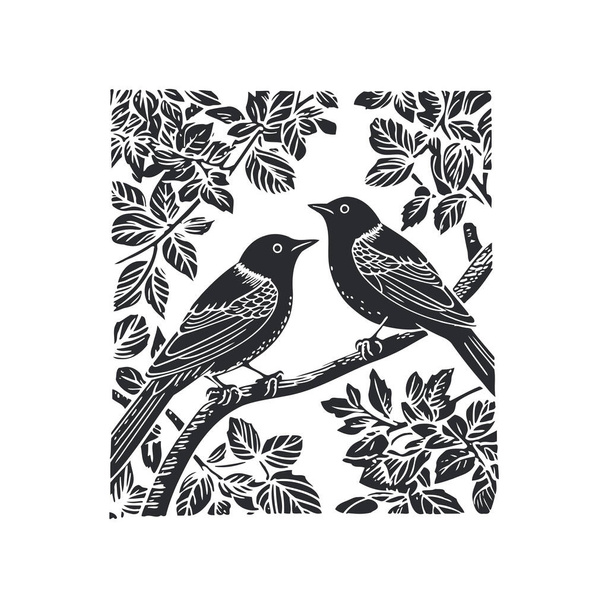 Zwart-witte vogels illustratie met gebladerte. Ontwerp van vectorillustraties. - Vector, afbeelding