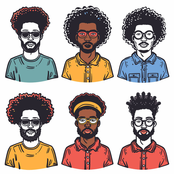 Sei diversi personaggi maschili afroamericani, varie acconciature per il viso, occhiali alla moda. Diversità, capelli alla moda, barbe, giovani uomini adulti, moda casual, camicie colorate. Disegnato a mano digitale - Vettoriali, immagini