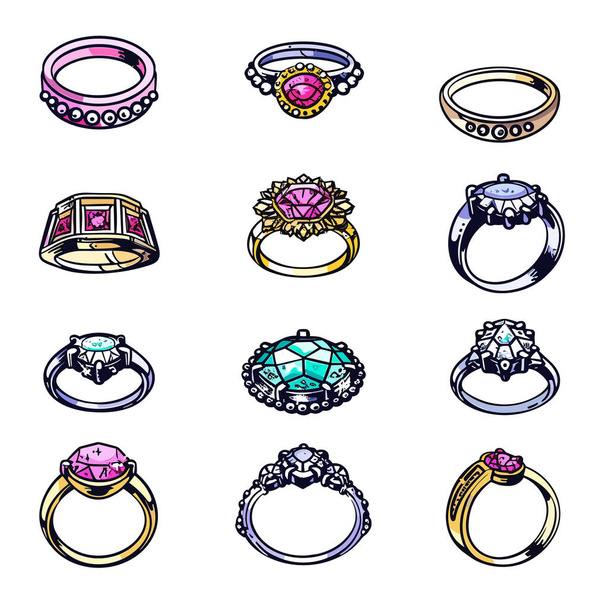 Coleção anéis de noivado coloridos, vários projetos, pedras preciosas, jóias. Anéis variados com diamantes, safiras, trabalho de metal intrincado, fundo isolado branco. Engajamento de seleção - Vetor, Imagem
