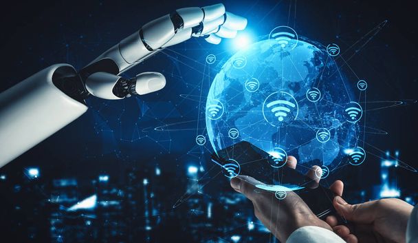 MLP 3D-weergave kunstmatige intelligentie AI-onderzoek van robot en cyborg ontwikkeling voor de toekomst van de mensen die leven. Digitale data mining en machine learning technologie ontwerp voor computer hersenen. - Foto, afbeelding