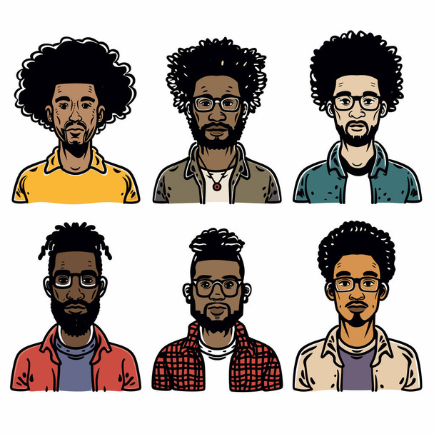 Zes Afro-Amerikaanse mannen portretten met verschillende kapsels gezichtshaar, casual kleding. Jonge volwassen mannen expressieve kenmerken, bril, diverse shirt ontwerpen, digitale kunst stijl. Kleurrijk - Vector, afbeelding
