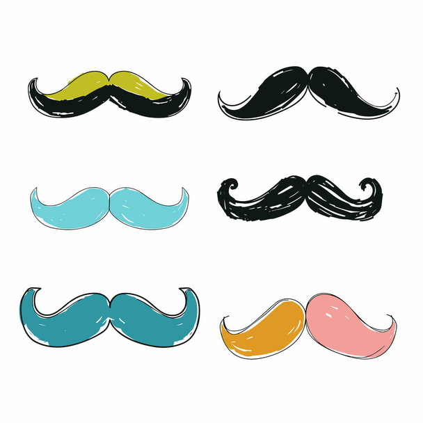 Six variously colored cartoon mustaches isolated white background. Handdrawn style mustaches different characters, masculine party props. Set multicolored mustache illustrations fun disguises icon - Vector, Image