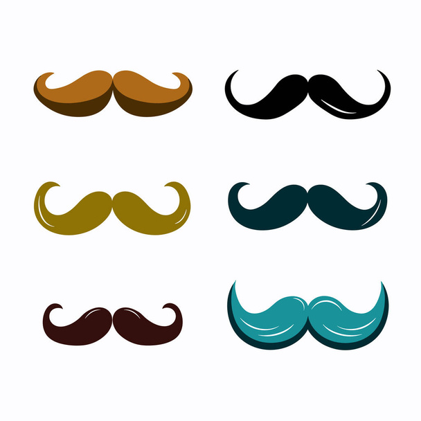 Six various mustache styles vector illustration isolated white background. Assorted colors flat design mustaches collection diverse characters. Fashionable facial hair representation, masculine - Vector, Image