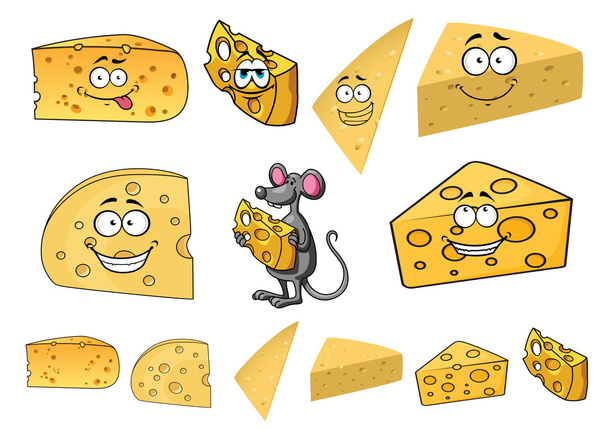 Cuñas de queso de dibujos animados feliz con un ratón
 - Vector, Imagen